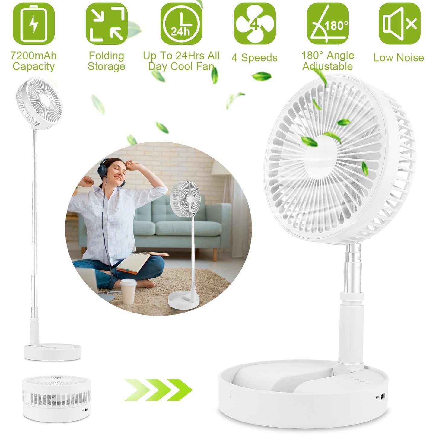 Portable Folding Desk Table Fan Quiet USB Rechargeable Telescopic Standing Floor Fan w/ 4 Speeds Adjustable Height 180¡ Tilting Angle For Office Home