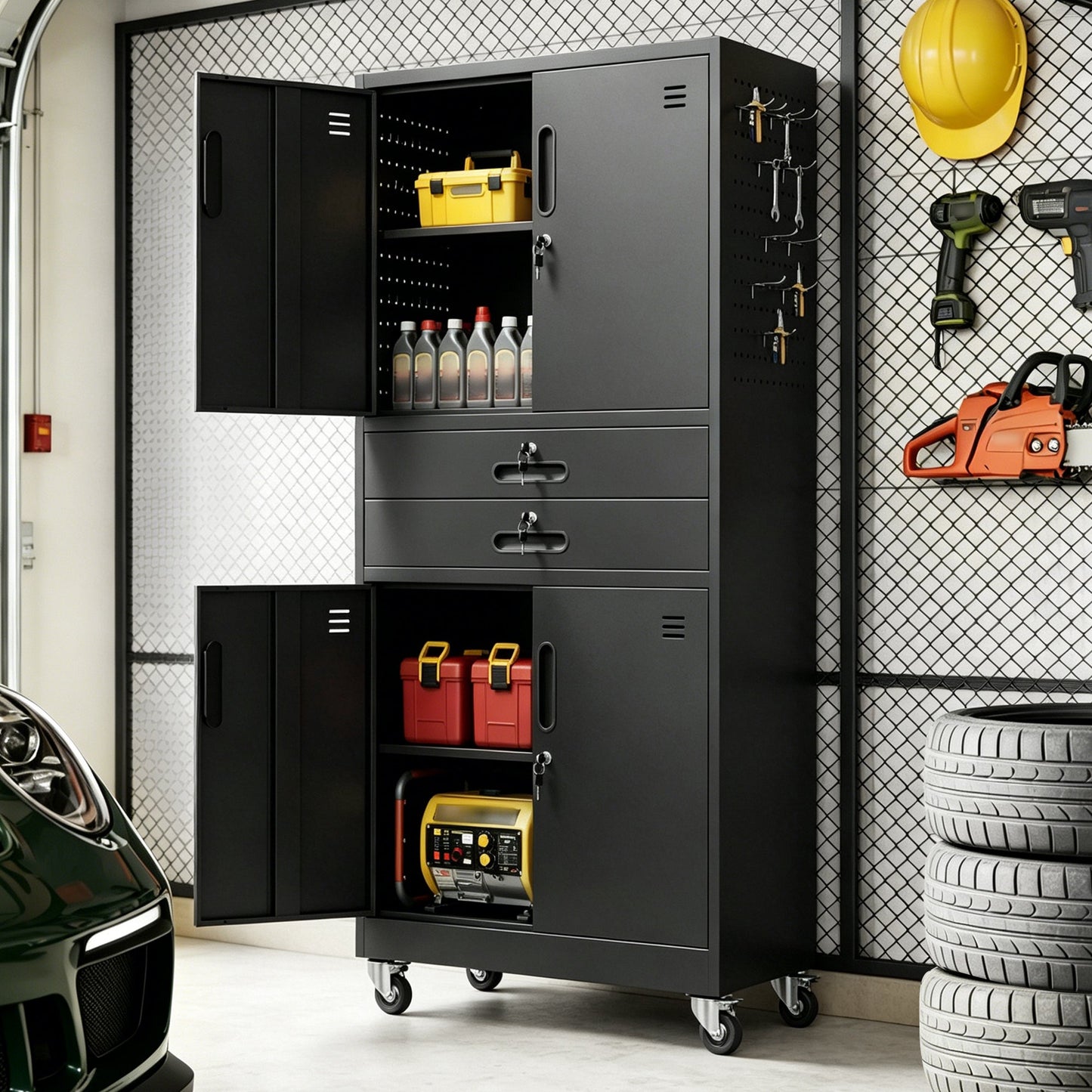 Metal Storage Cabinet with Two Drawers and Locking Doors