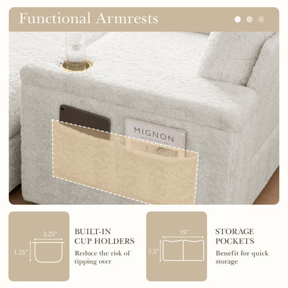 Oversized Chaise Lounge Indoor Rabbit Fur Sofa Bed With Storage Ottoman And Armrests Cup Holders With Deep Seat