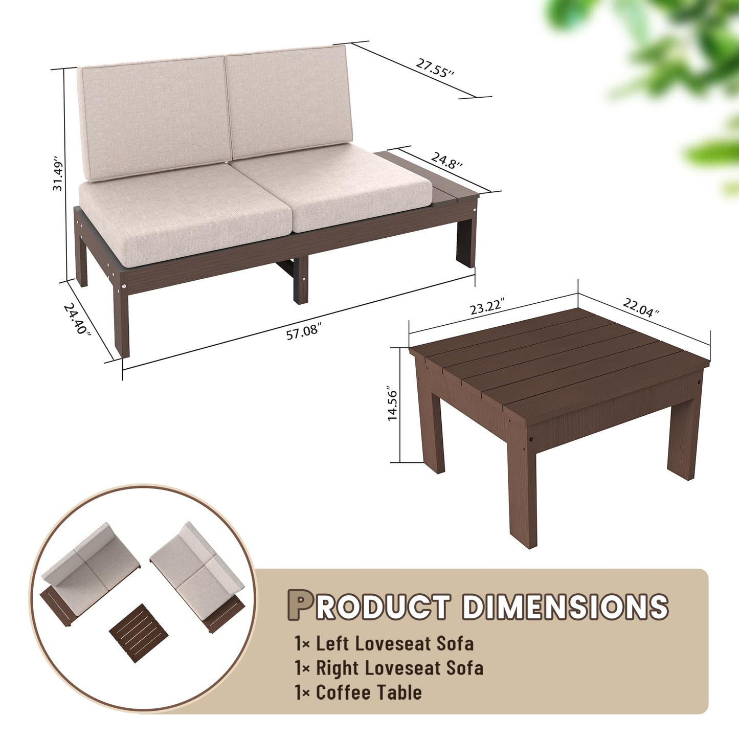 HDPE Outdoor Patio Sofa Set, 3-Piece Modern Conversation Set