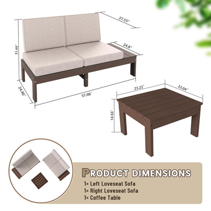 HDPE Outdoor Patio Sofa Set, 3-Piece Modern Conversation Set