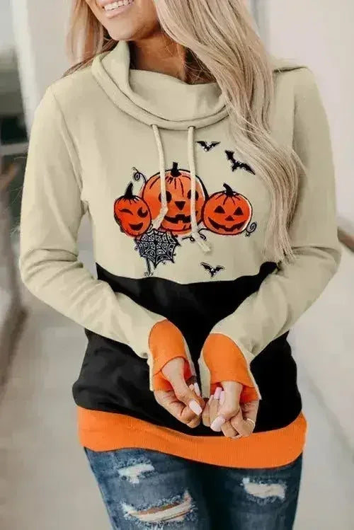 Cowl Neck Pumpkin Print Color Block Halloween Sweatshirt