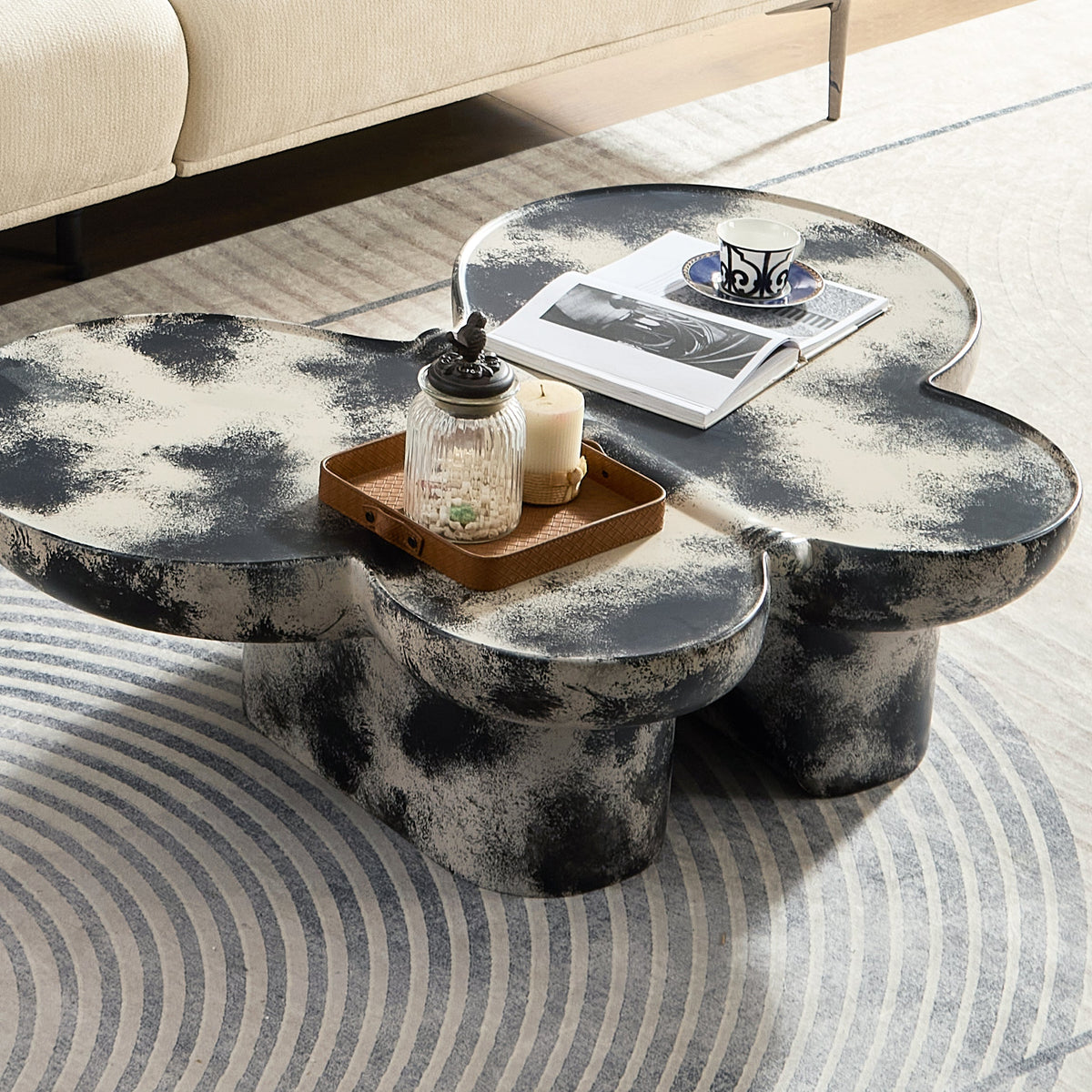 Butterfly Design Coffee Table with Modern Fiberglass Construction - Light Gray and Black
