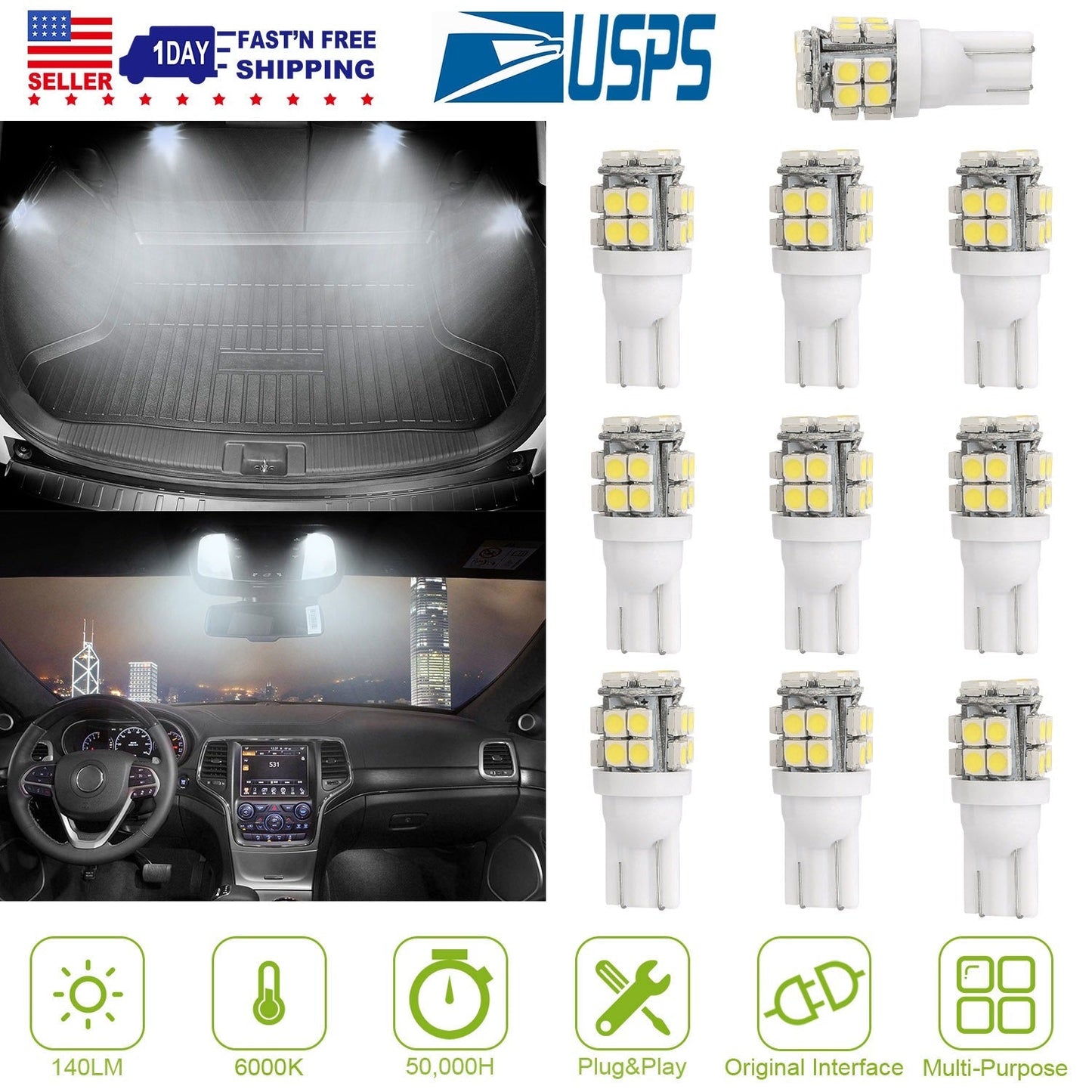 10Pcs 12V T10 LED Light Bulb Wedge Base Interior Dome Map LED Lights License Plate Trunk Side Positioning Lights 6000K White