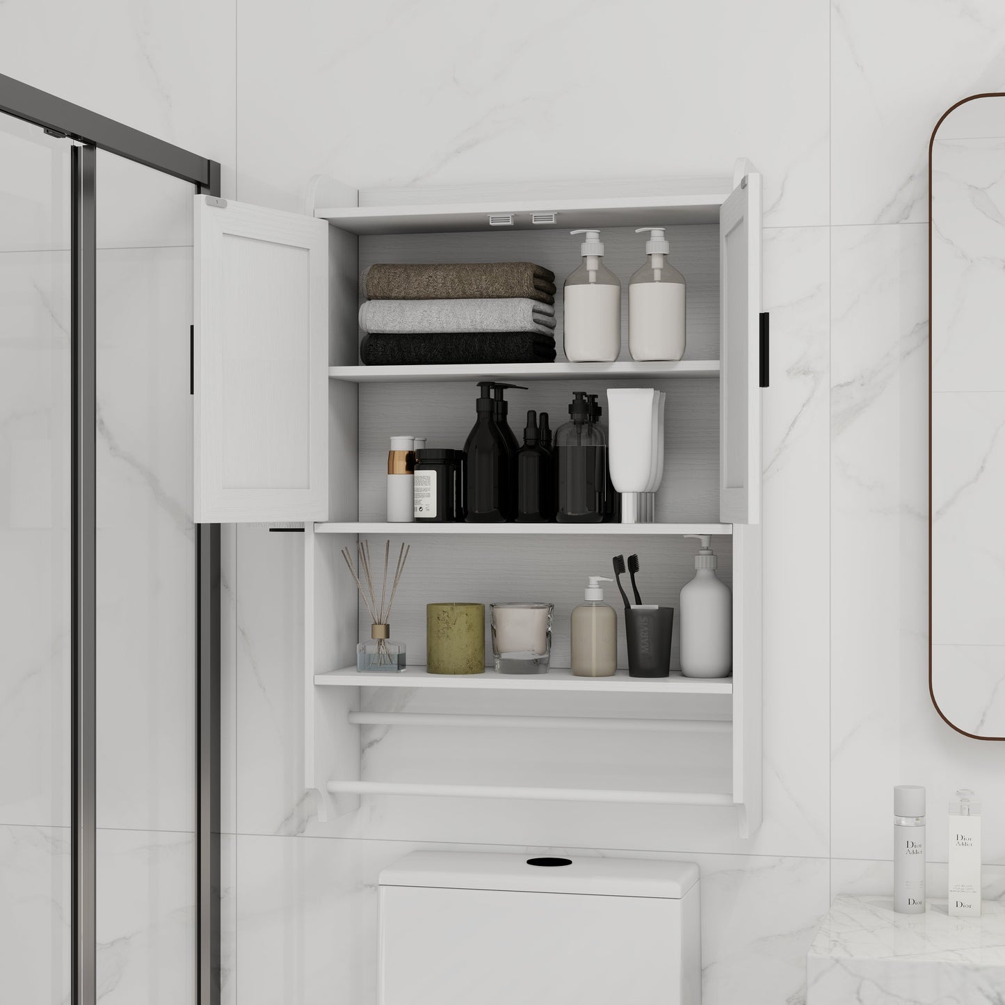 Bathroom Wall Cabinet with Doors, Adjustable Shelf, Towel Bar, and Paper Holder