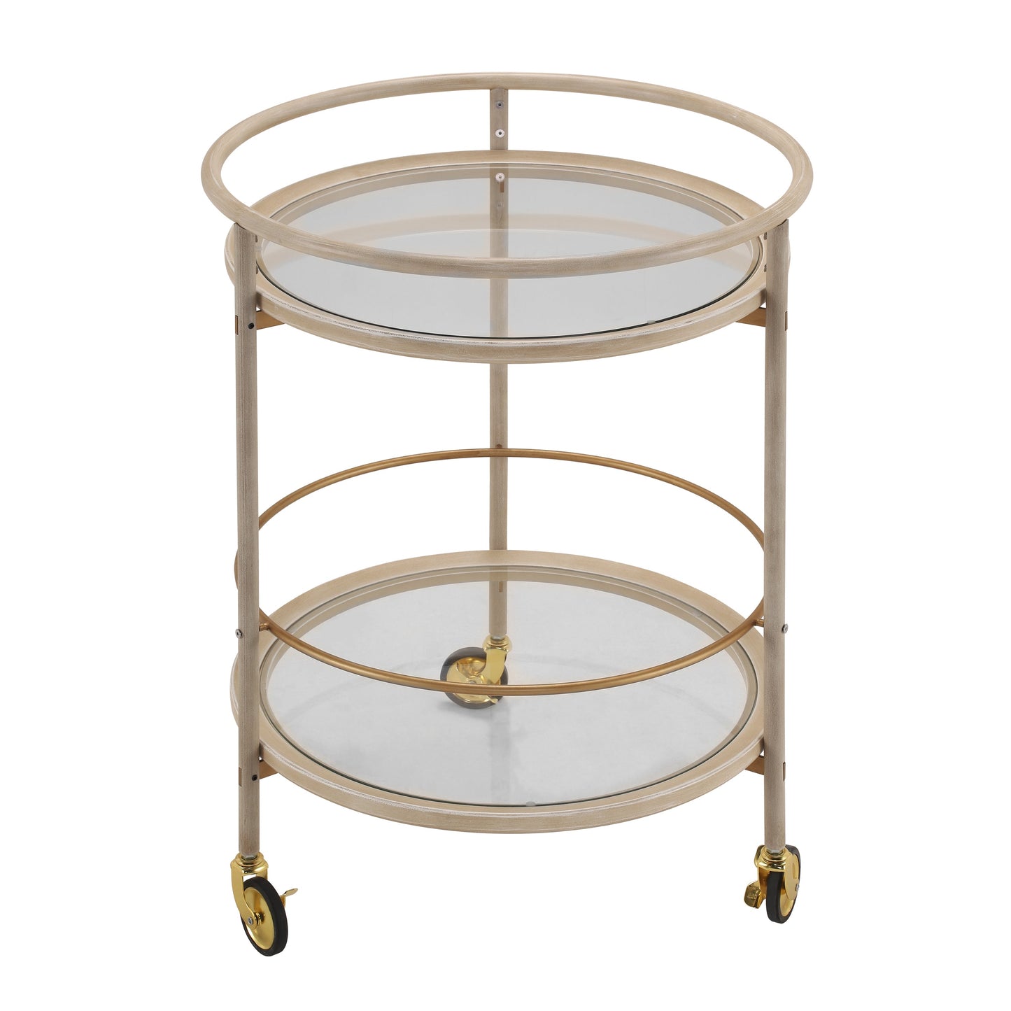 Round Bar Cart with Tempered Glass Shelves and Gold Accents