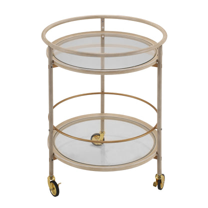 Round Bar Cart with Tempered Glass Shelves and Gold Accents