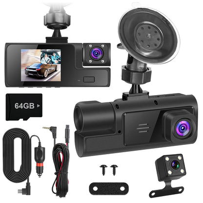 WiFi FHD 1080P Car Dash Cam 3 Channels Front Rear Inside Dash Camera with Loop Recording Reversing Visual 170° Wide Angle 64G Card Included