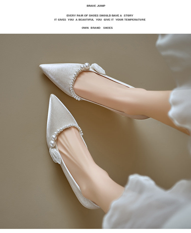 Women Soft Leather French Pointed Toe Pearl Thin Heel Pumps, 2026 New Comfortable High Heels, Shallow Mouth Party Dress Shoes