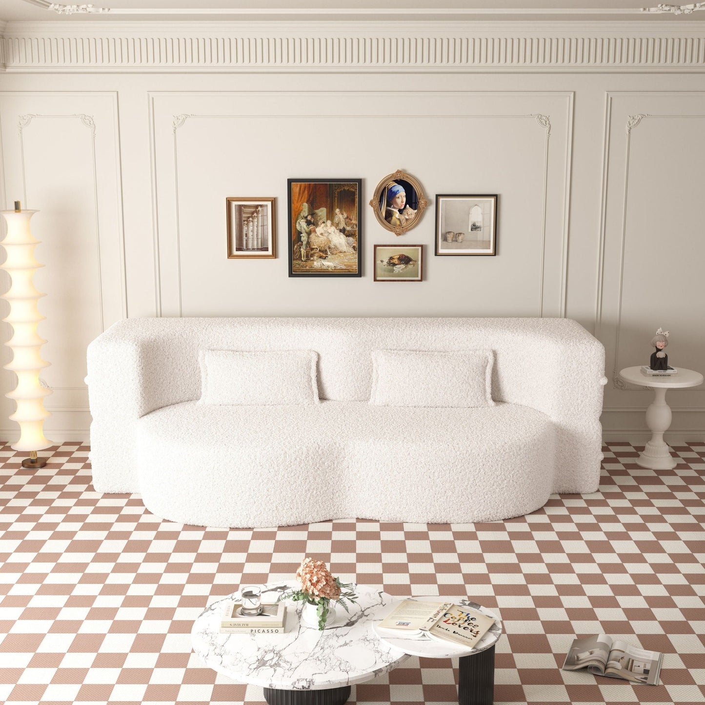 Modern Floor Sofa With Two Pillows Convertible Teddy Fabric Foam Filled Bed