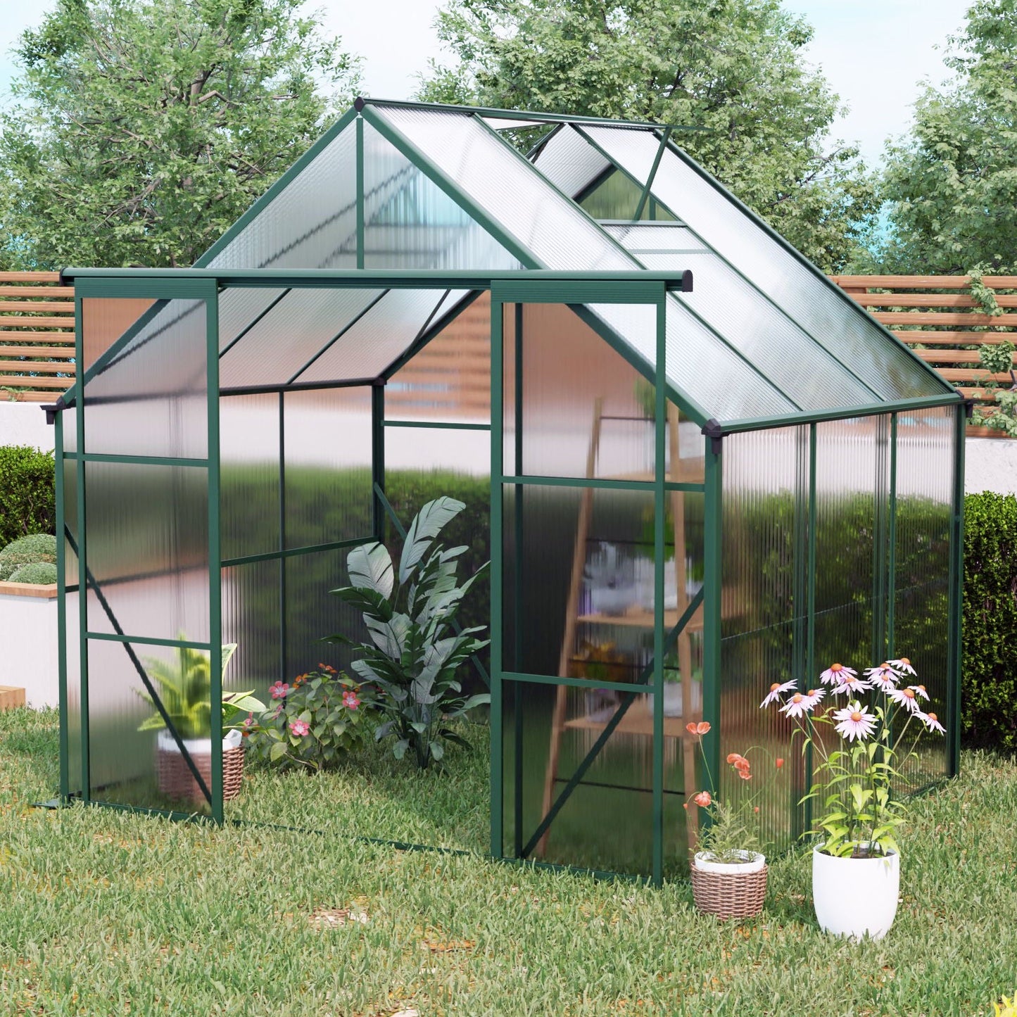 Double Door Polycarbonate house Raised Base And Anchor Aluminum Heavy Duty Walk In houses For Outdoor Backyard In All Season