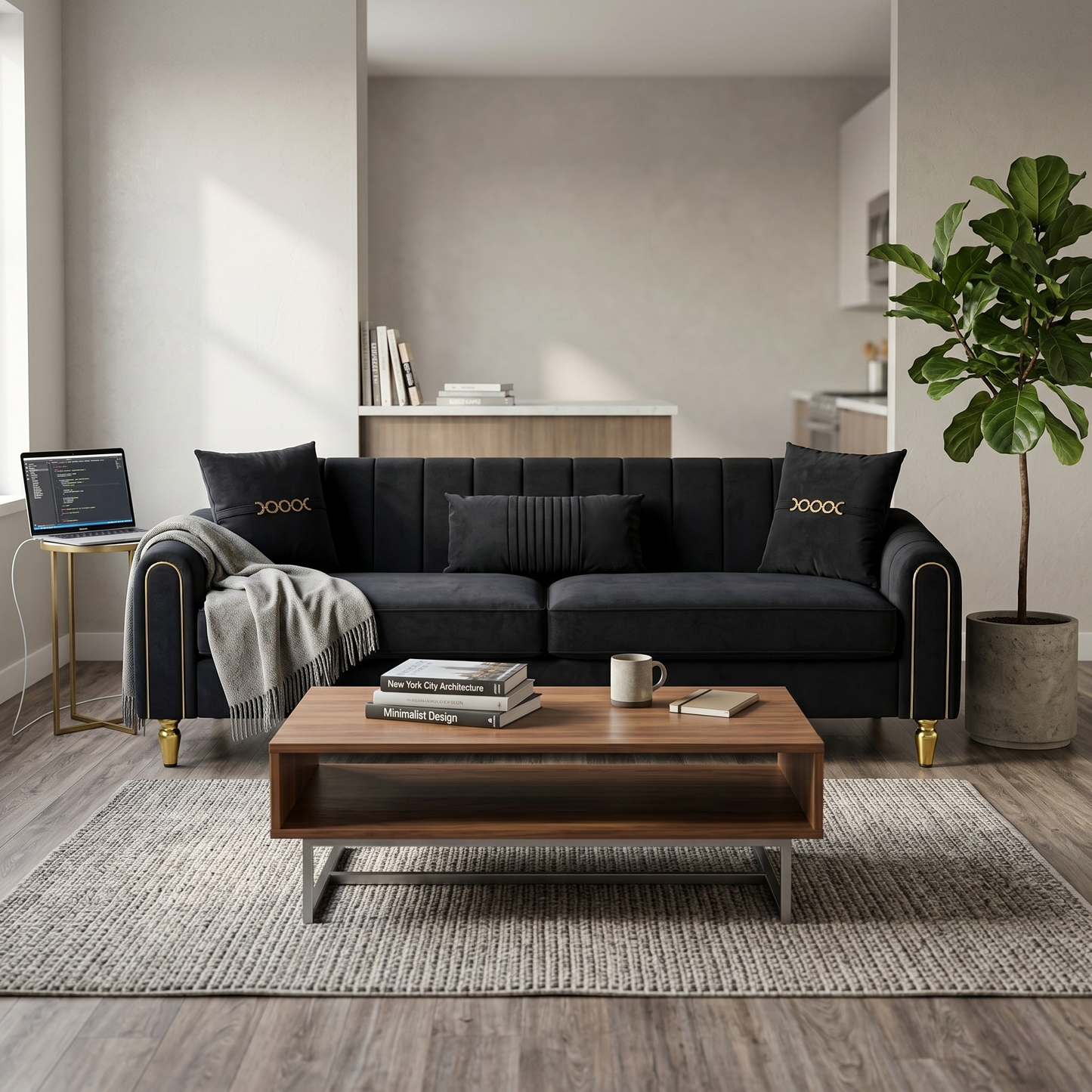FX-P11-BK 87.4 Inch Modern Sofa Couch for Living Room, 3 Seater Upholstered Sofa with Pillows