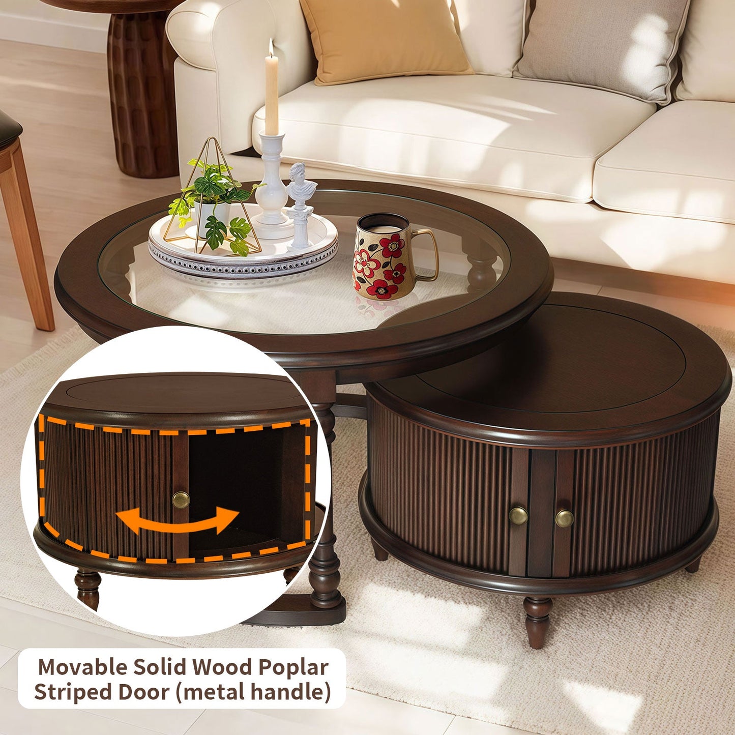 Modern Nesting Coffee Table Set with Glass and Solid Wood Frame