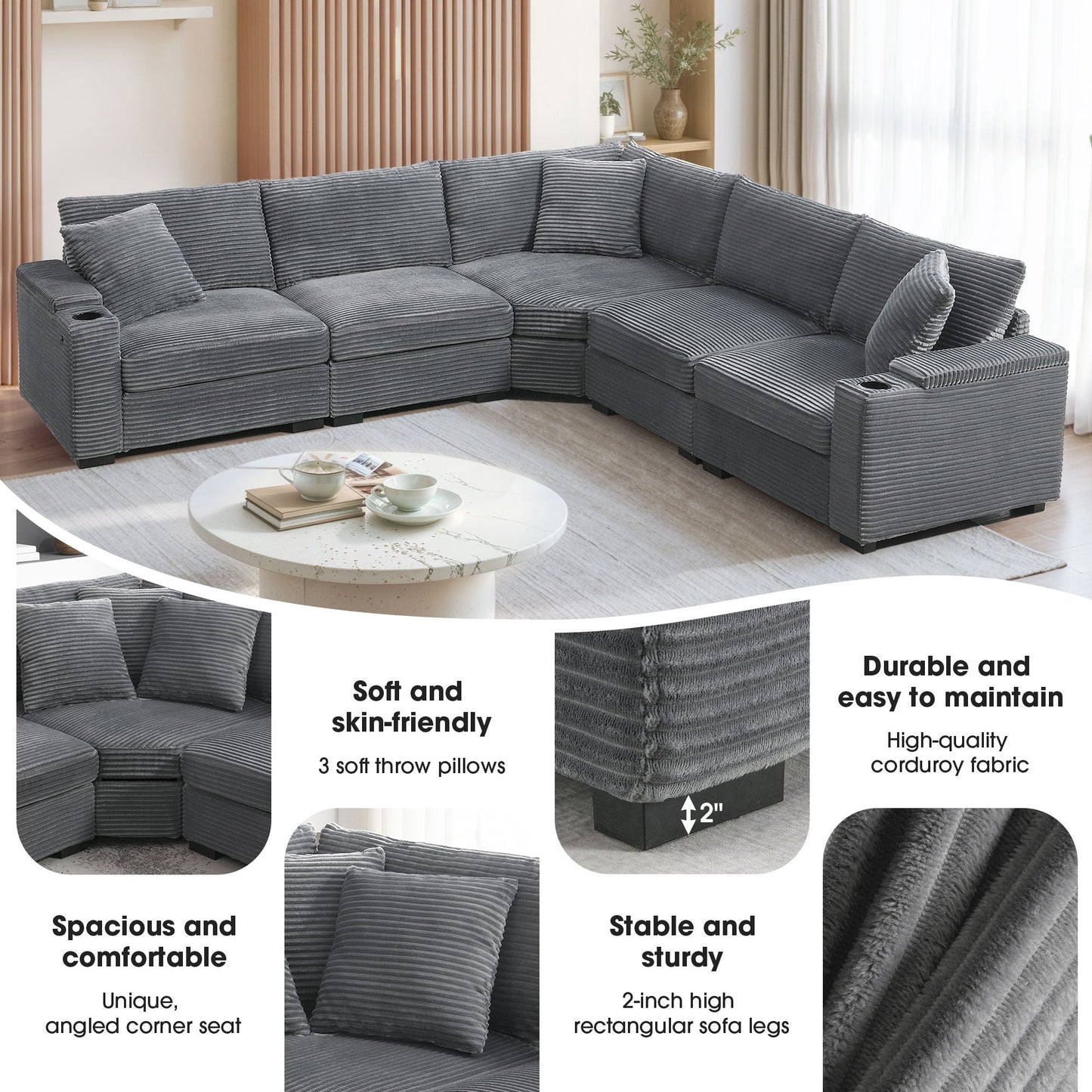 Convertible L Shaped Sectional Corner Couch With Armrest Storage Cup Holders USB Charger, Irregular Corner Oversized Comfy Modular Sofa