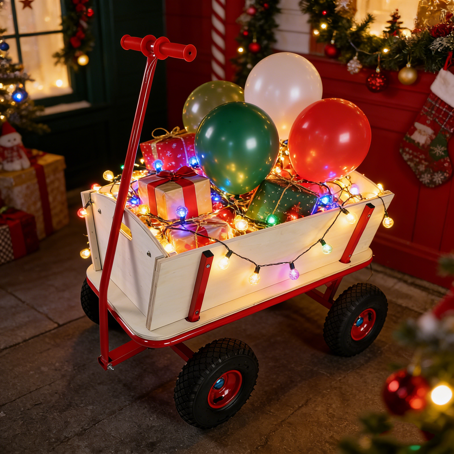 Wooden Children's Outdoor Stroller with Four-Wheel Design