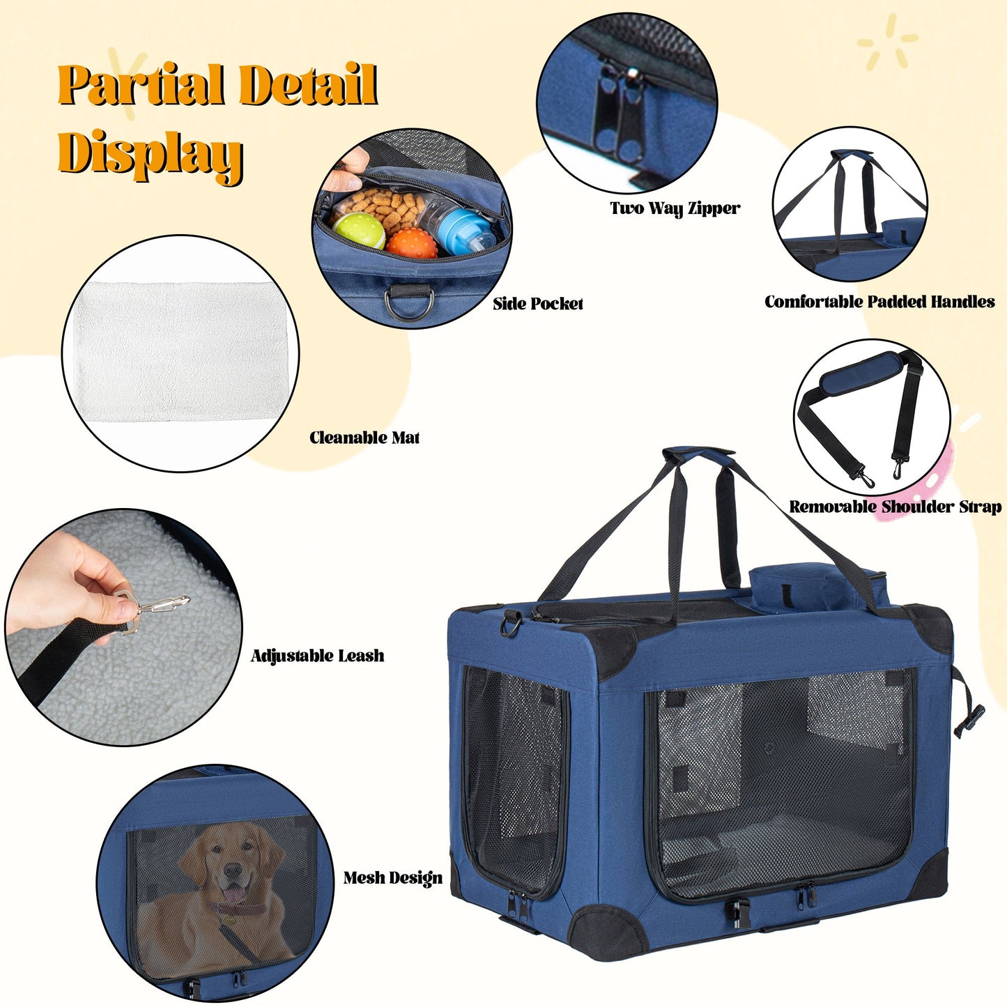 40'' Soft Dog Crates Kennel with 3 Doors and Fleece Mat