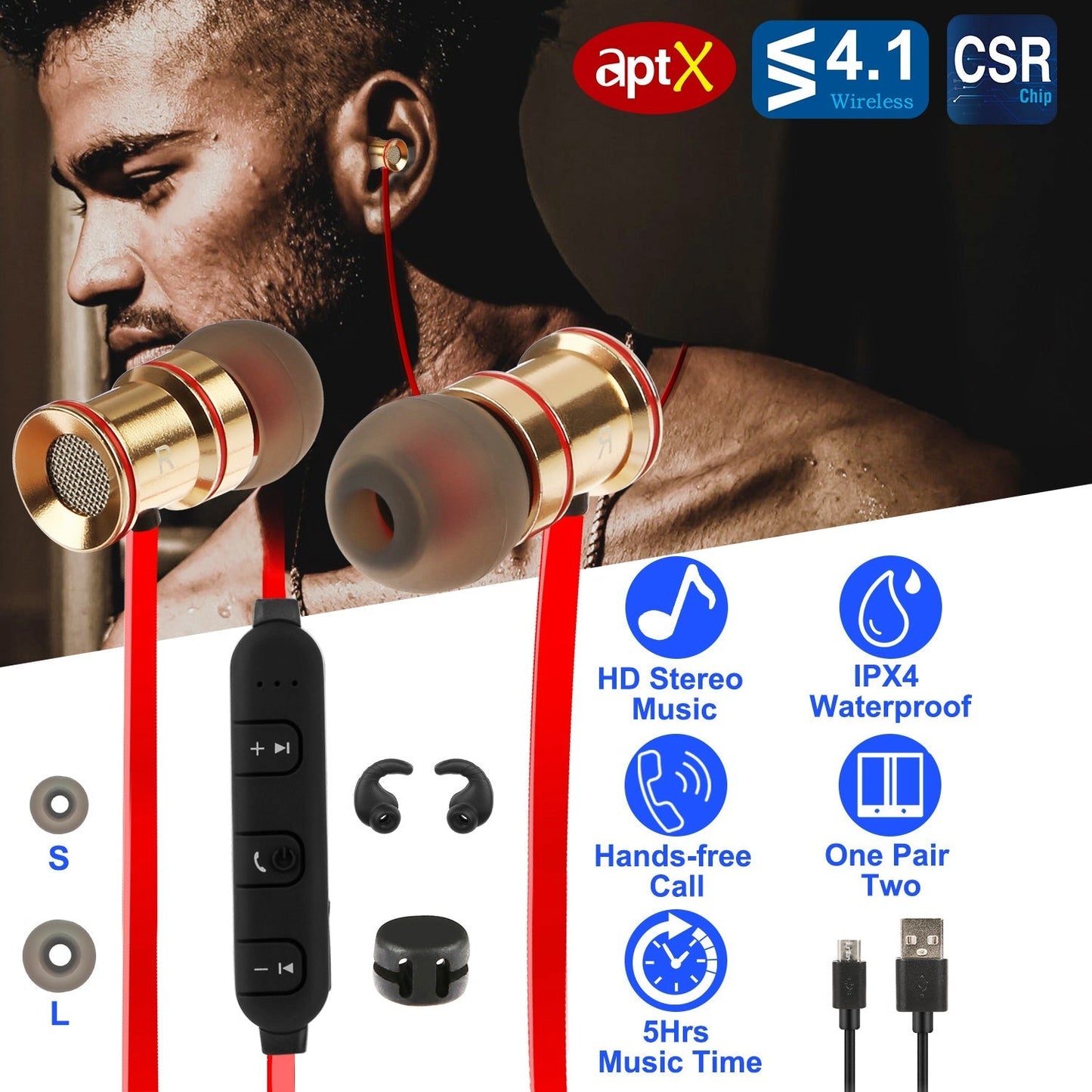 Sport Headsets Wireless V4.1 In-Ear Stereo Headphones Sweat-proof Running Earphones w/Mic Hands-free