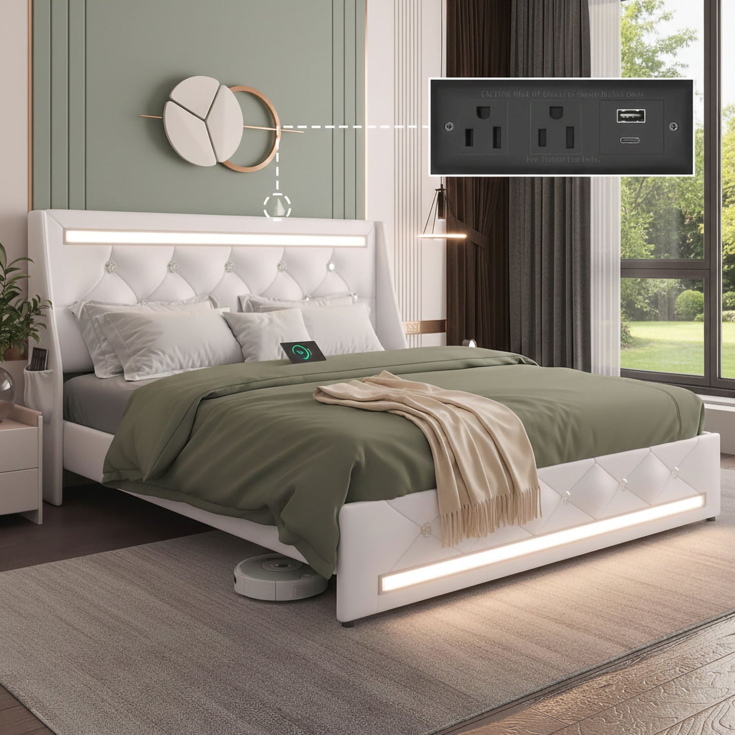 Wingback Upholstered Bed Frame With LED Lights, Charging Station