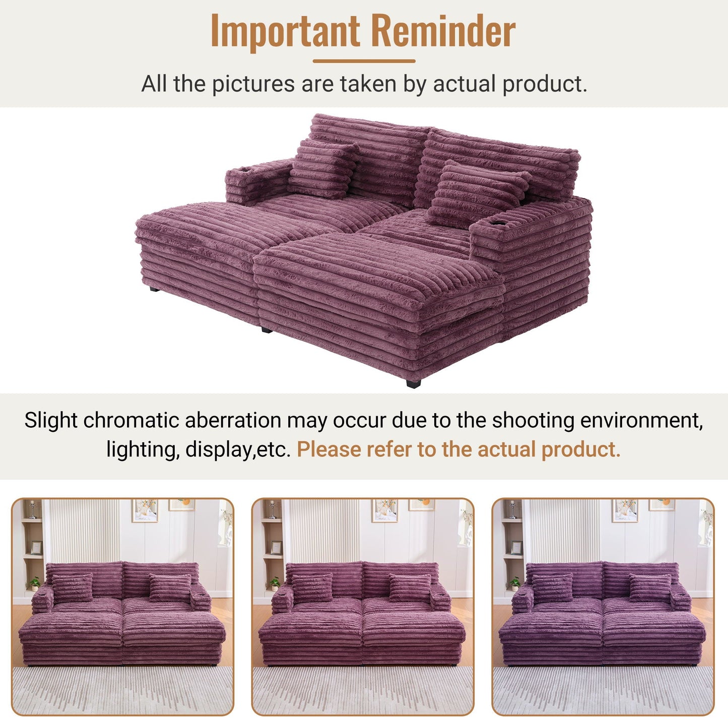 Oversized Double Chaise Lounge Sofa Bed With USB Ports And Cup Holders