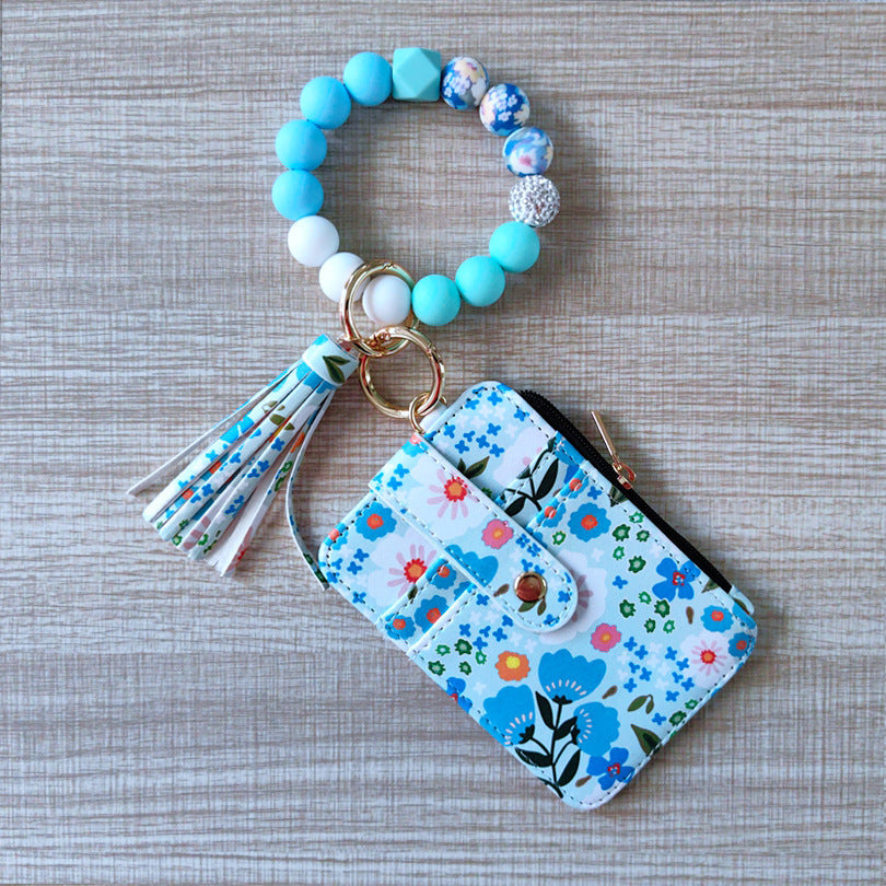 Womens Silicone Bead Bracelet Keychain Cardholder