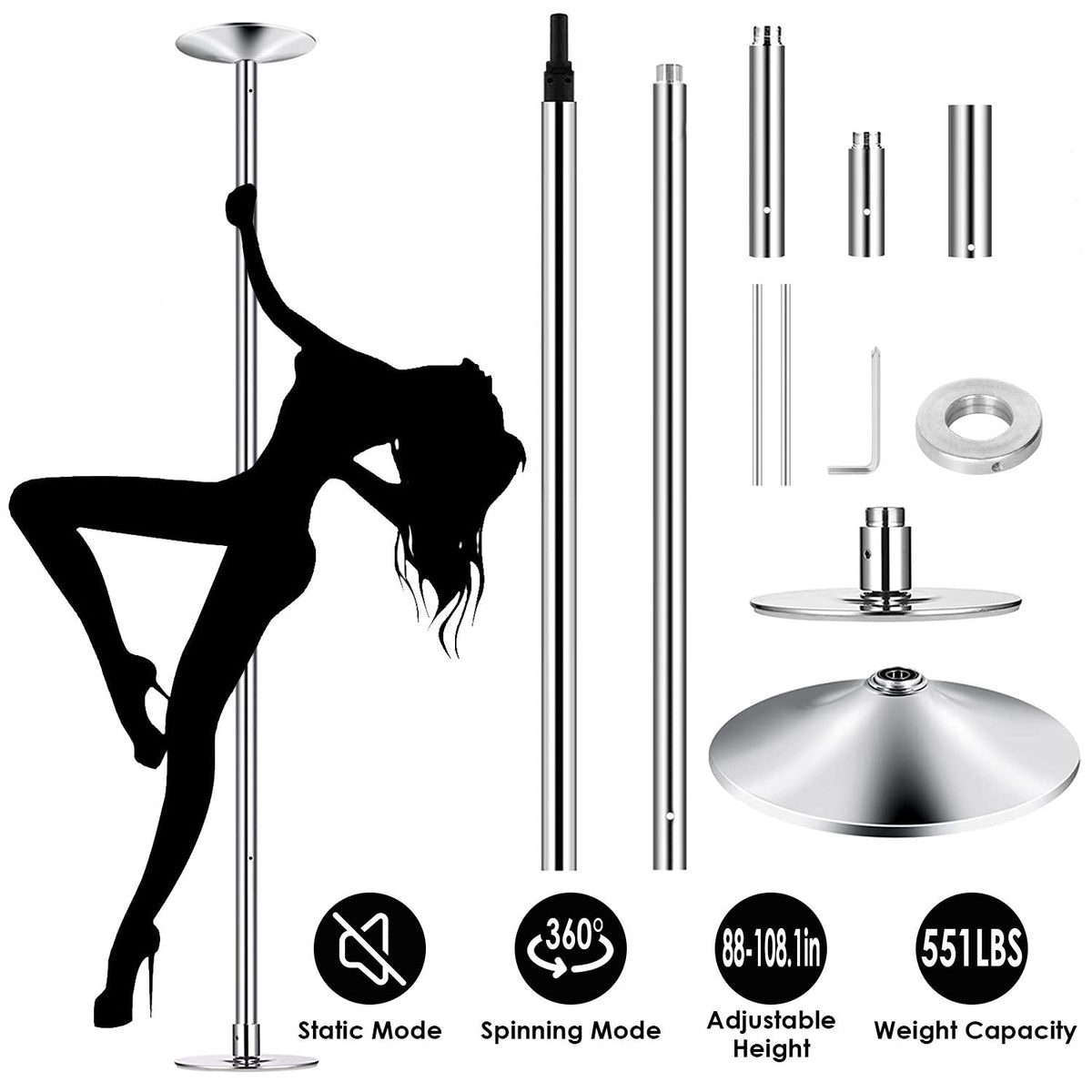 Dance Pole 45mm Spinning Static Dancing Pole with 88-108.1in Adjustable Height 551LBS Weight Capacity for Fitness Exercise Party Home Club Gy