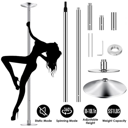 Dance Pole 45mm Spinning Static Dancing Pole with 88-108.1in Adjustable Height 551LBS Weight Capacity for Fitness Exercise Party Home Club Gy