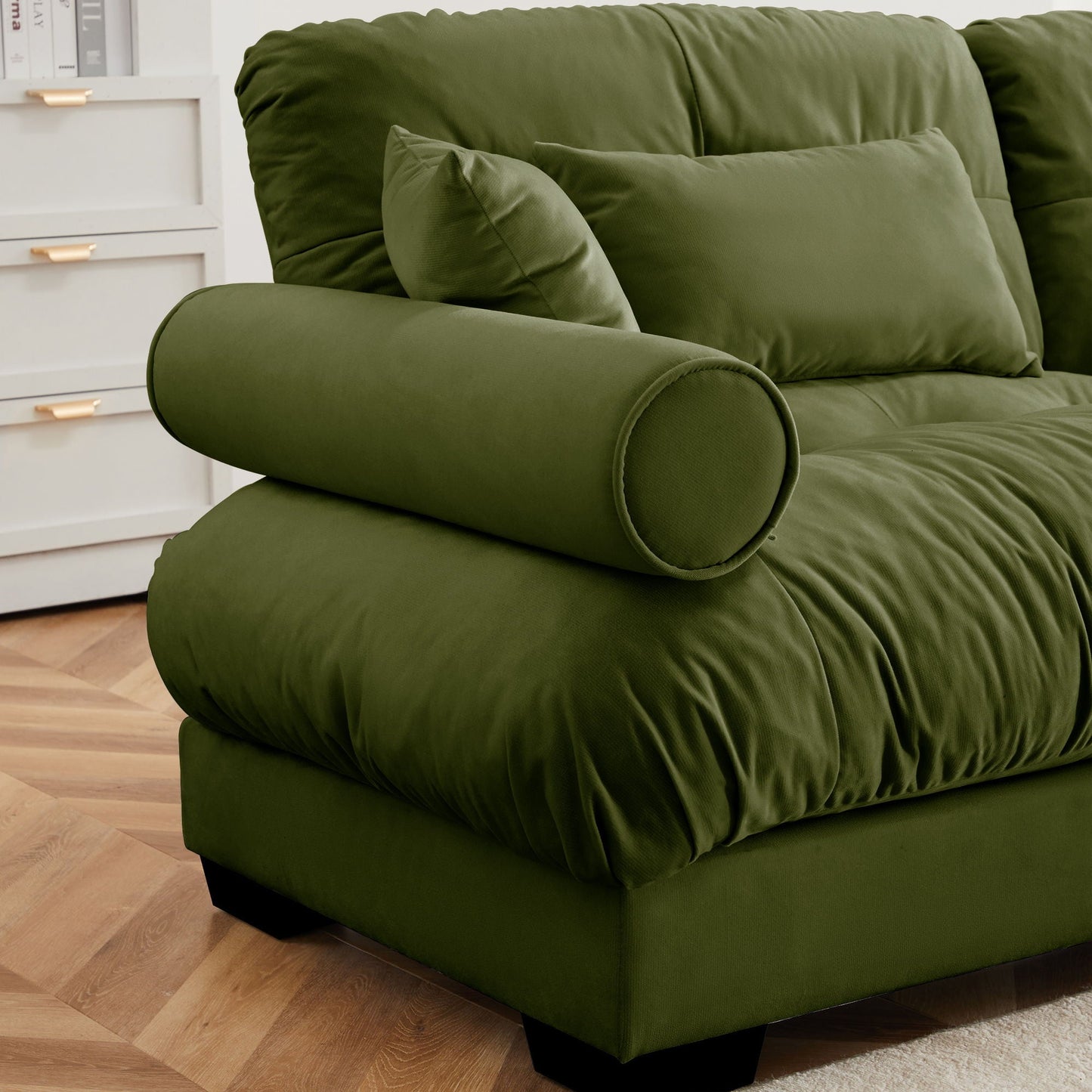 Modern Sofa With Bolstered Armrests And Pillows