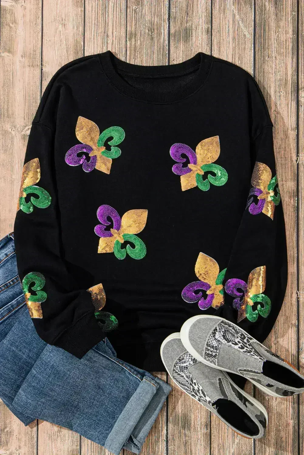 White Sequin MARDI GRAS Graphic Pullover Sweatshirt