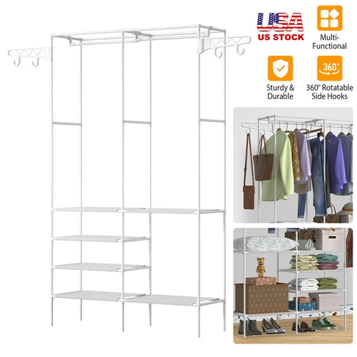 Metal Garment Rack Shoe Clothing Organizer Shelves Freestanding Multifunctional Clothes Wardrobe