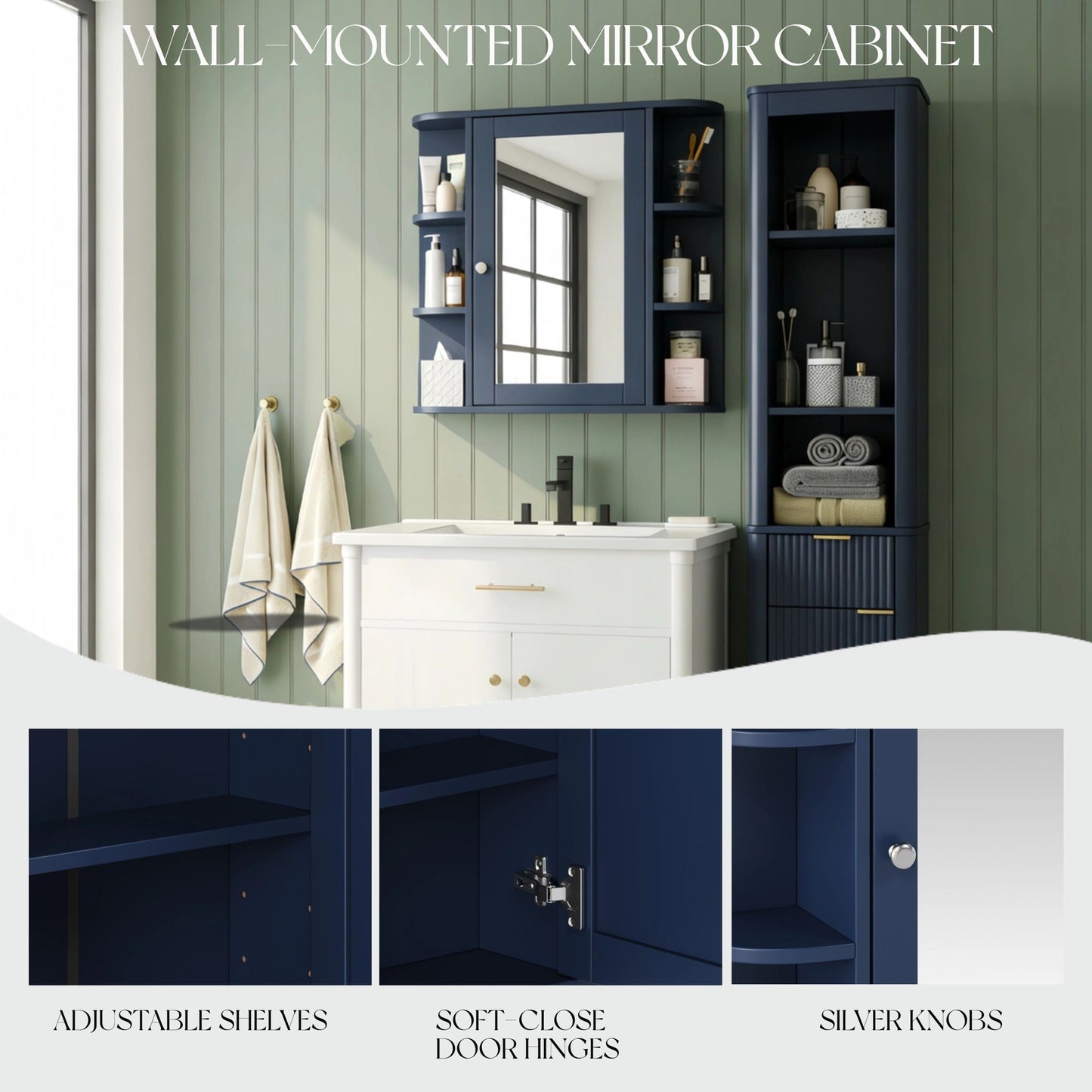 Bathroom Wall Storage Cabinet With Mirror And Adjustable Shelf, 6 Open Shelves