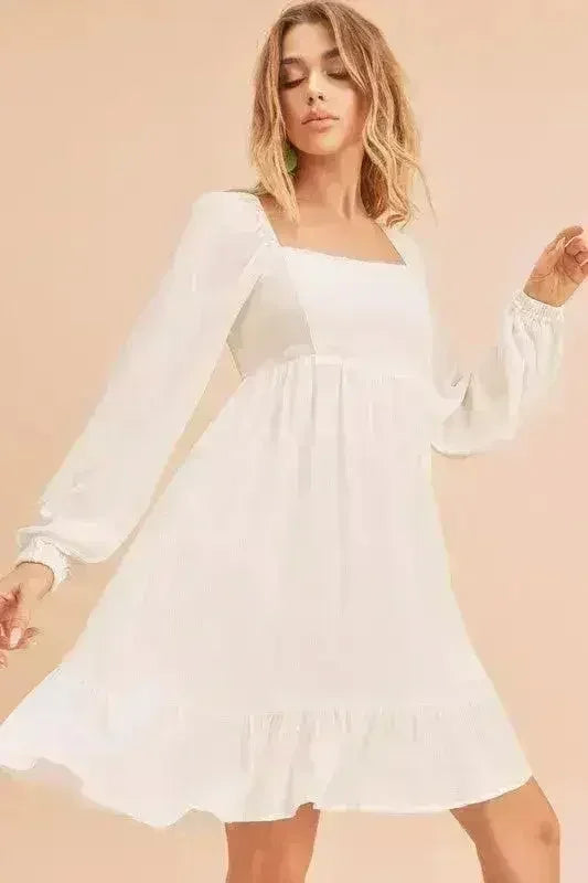 Ruffled Hem Square Neck Balloon Sleeve Mini Dress - Femstylo