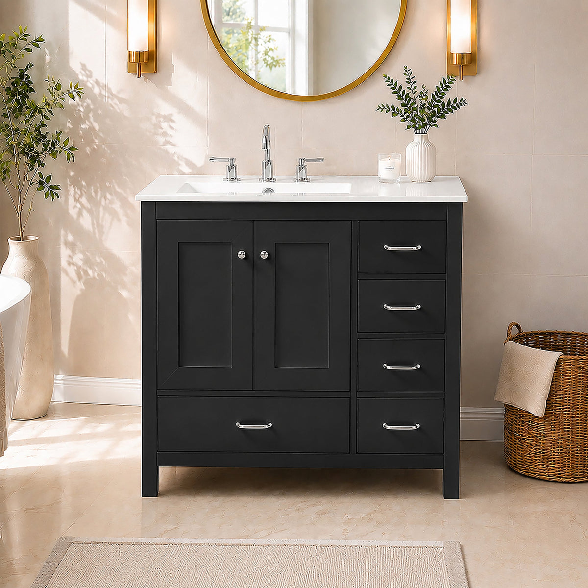 36" Black Bathroom Vanity With Ceramic Sink Combo