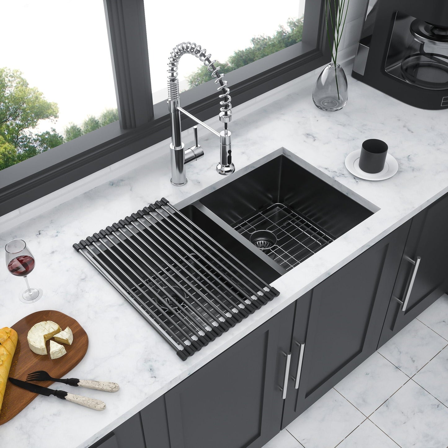 Double Bowl Undermount Kitchen Sink 16 Gauge 33" x 19" with Dual 10" Deep Basins - Gunmetal Black