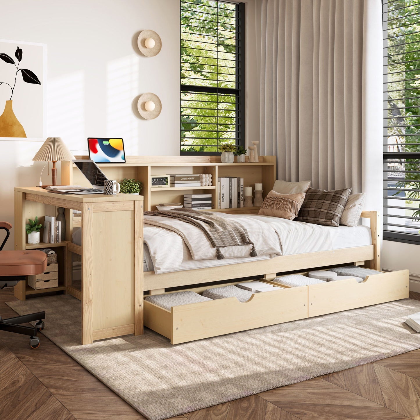 Corner Daybed With Storage Drawers, Desk, Charging Port & Bookcase