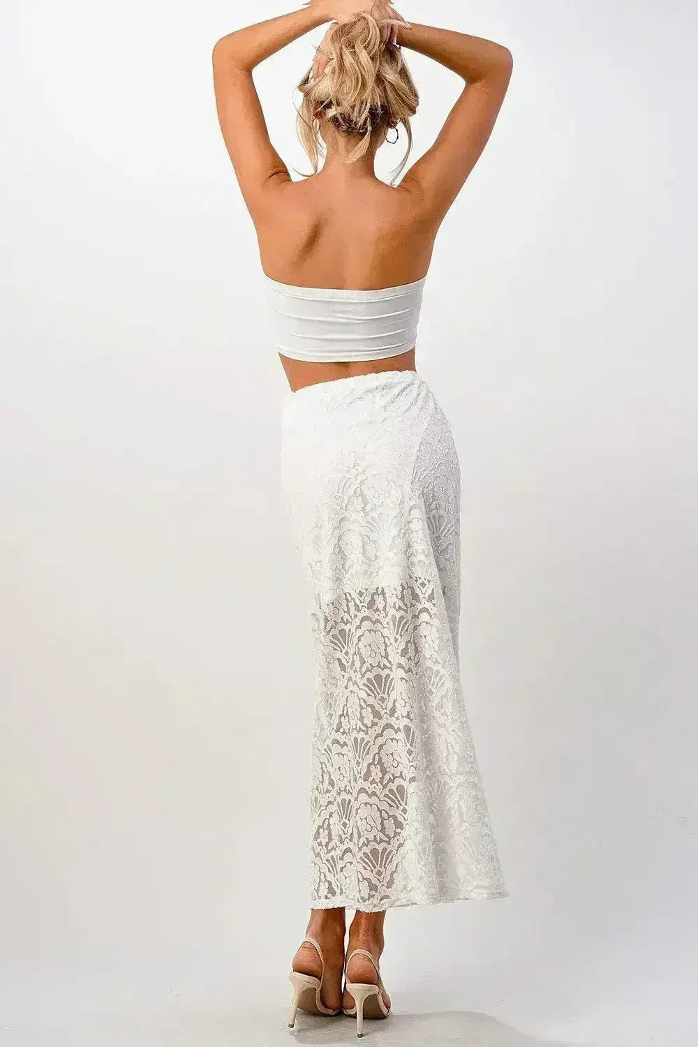 Sheer Lace Maxi Skirt - Drawstring Waist & Bow | Femstylo