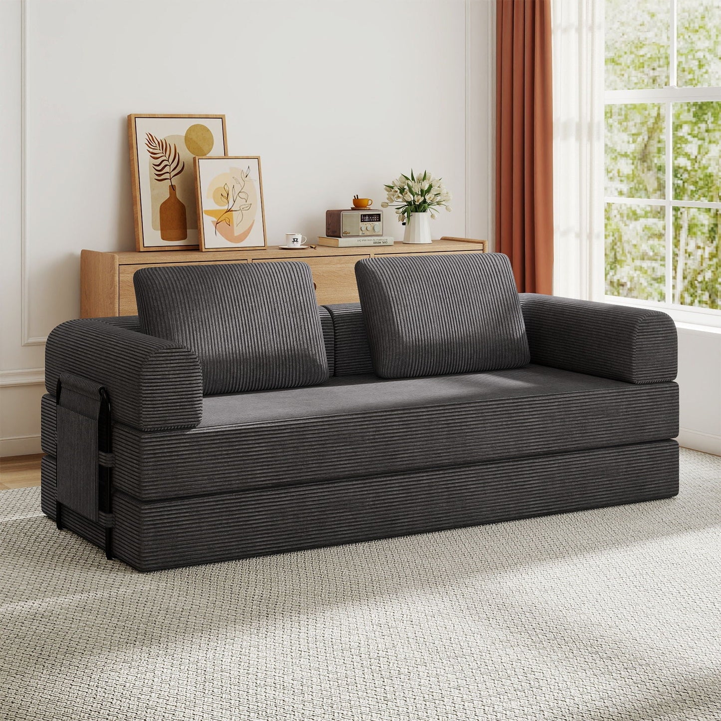 Convertible Sleeper Sofa Bed With Cylindrical Pillow