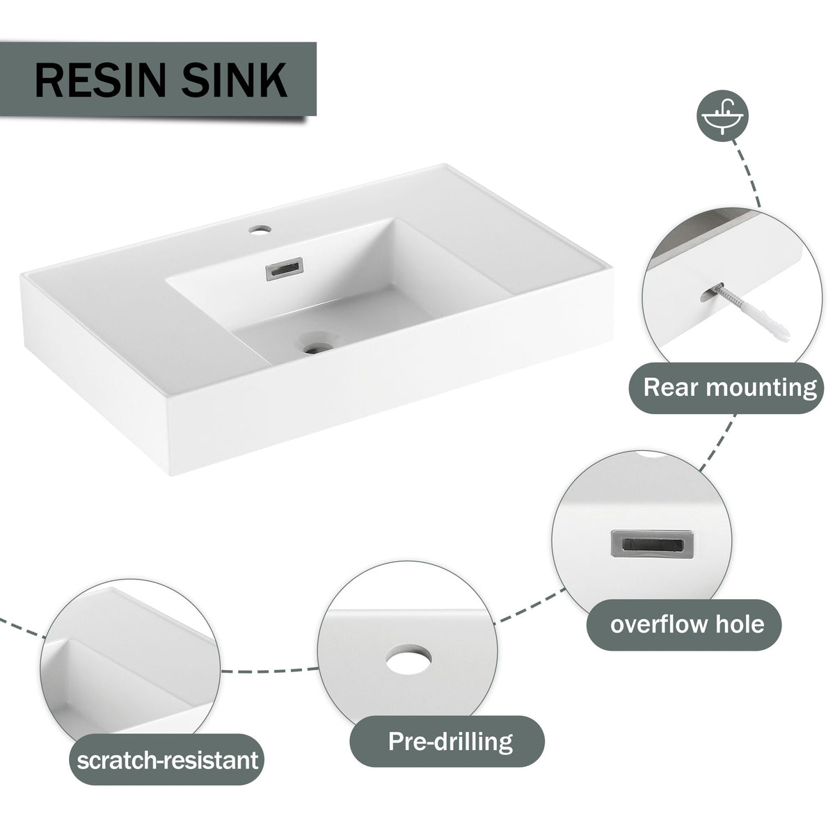 Modern Wall Mounted Bathroom Vanity With Resin Sink And 2 Side Cabinet, Construction - Imitative Oak