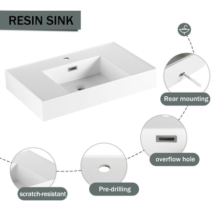 Modern Wall Mounted Bathroom Vanity With Resin Sink And 2 Side Cabinet, Construction - Imitative Oak