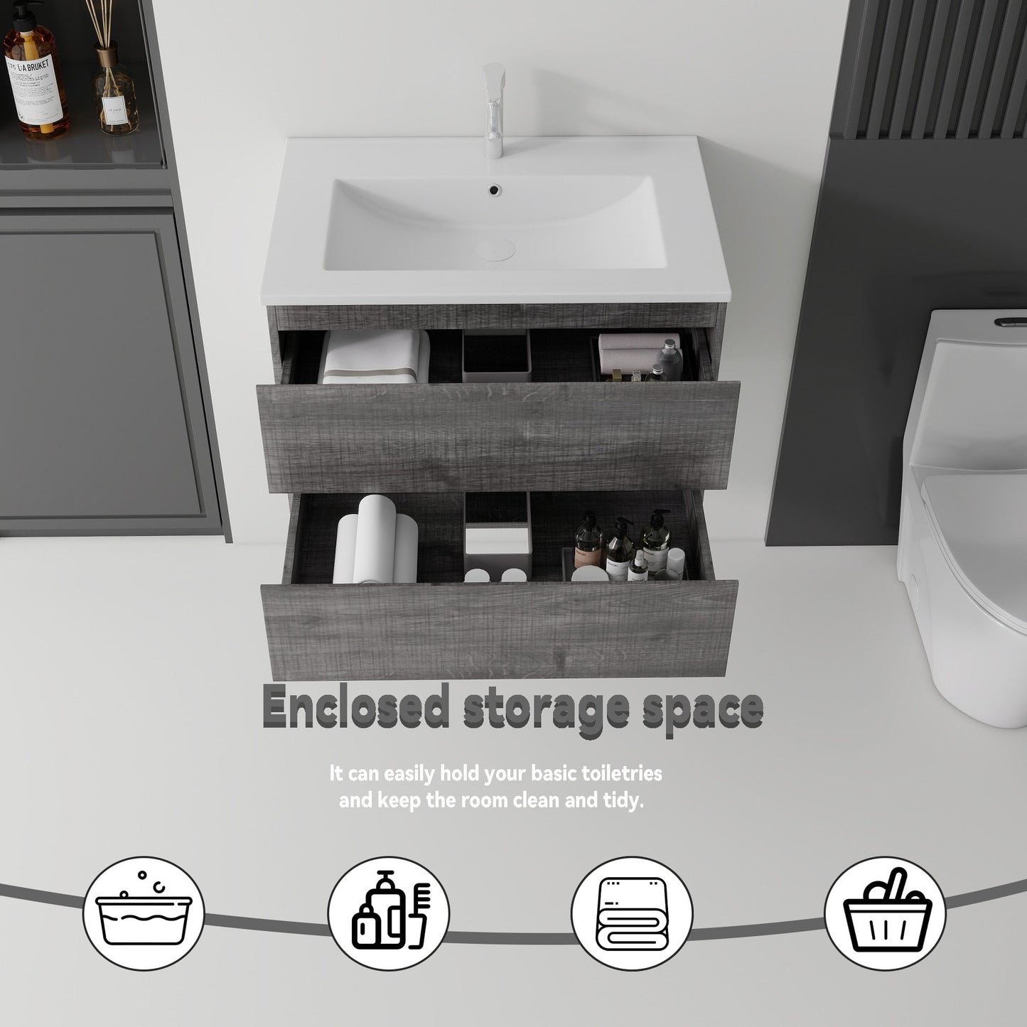24 Inch Floating Bathroom Vanity with Sink, Soft-Close Drawer, Ceramic Sink, Plywood