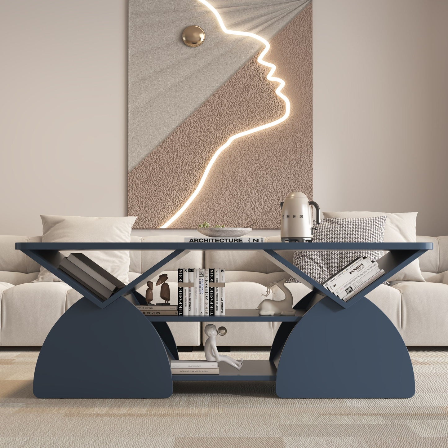 Geometric Engineered Coffee Table with Rounded Corners and Open Shelves