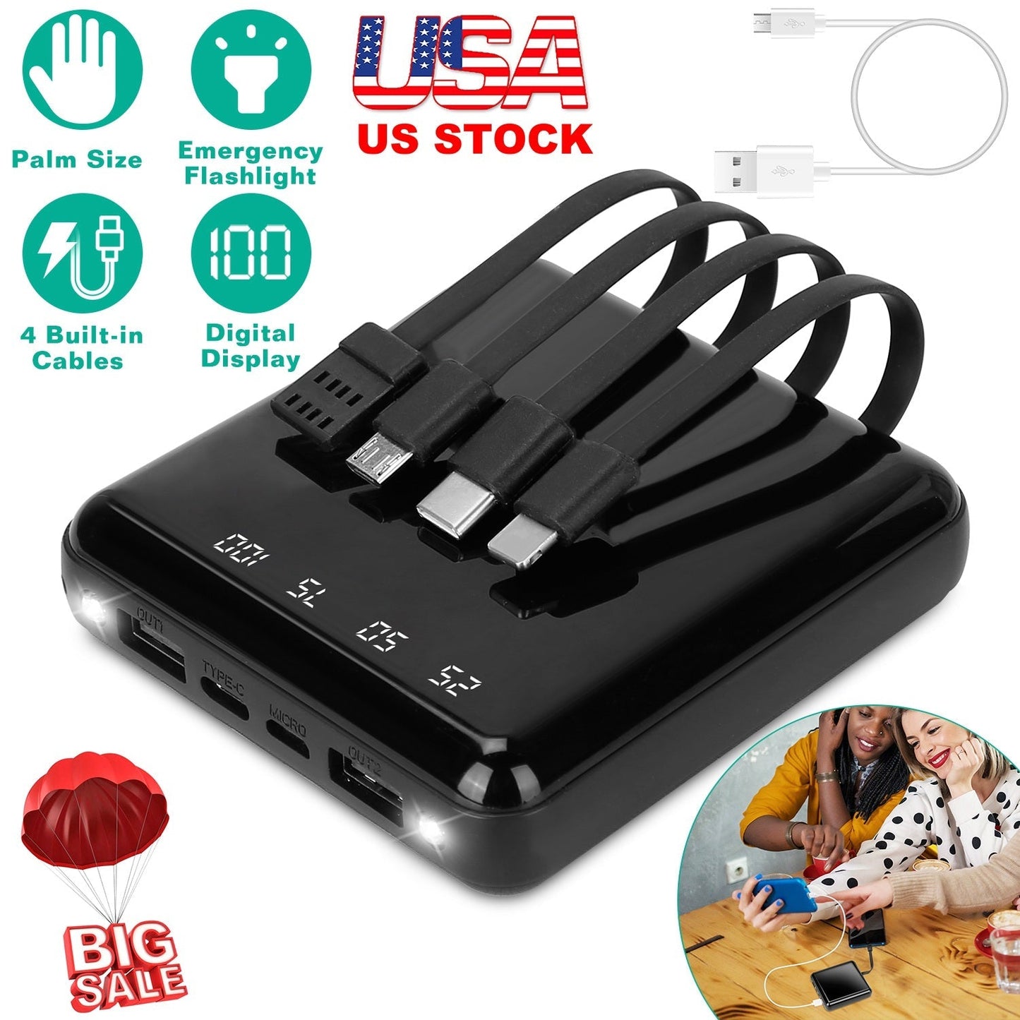 10000mAh Portable Charger Power Bank External Battery Pack w/ 4 Built-in Cables w/ LED Flashlight