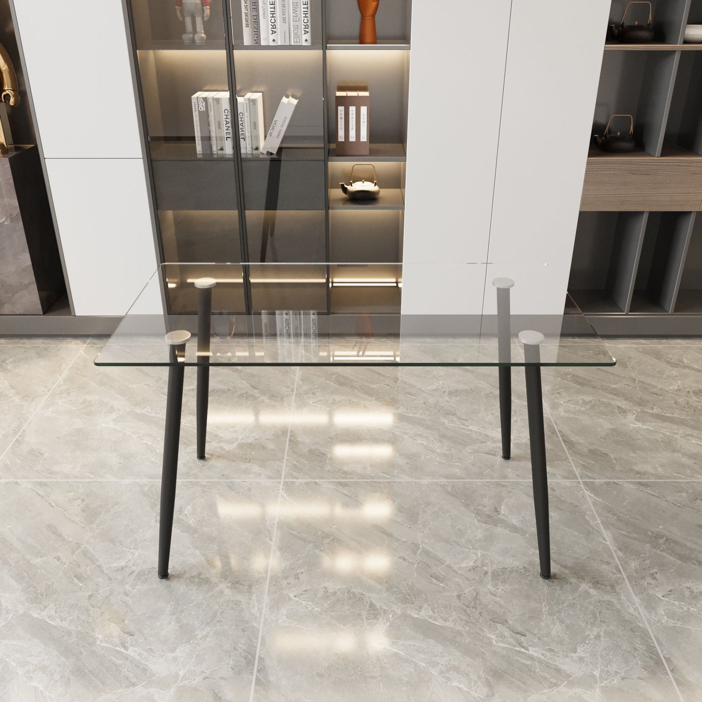 Modern Minimalist Rectangular Glass Dining Table With Tempered Glass Top Metal Legs, For 4 - 6 - Transparent