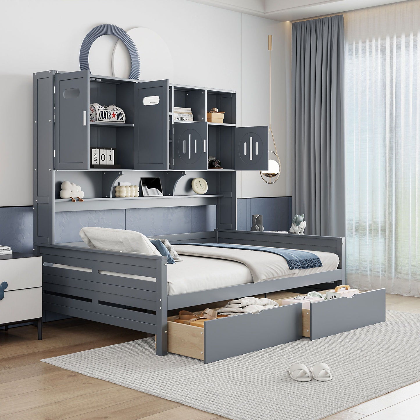 Daybed With All-In-One Cabinet And Shelf