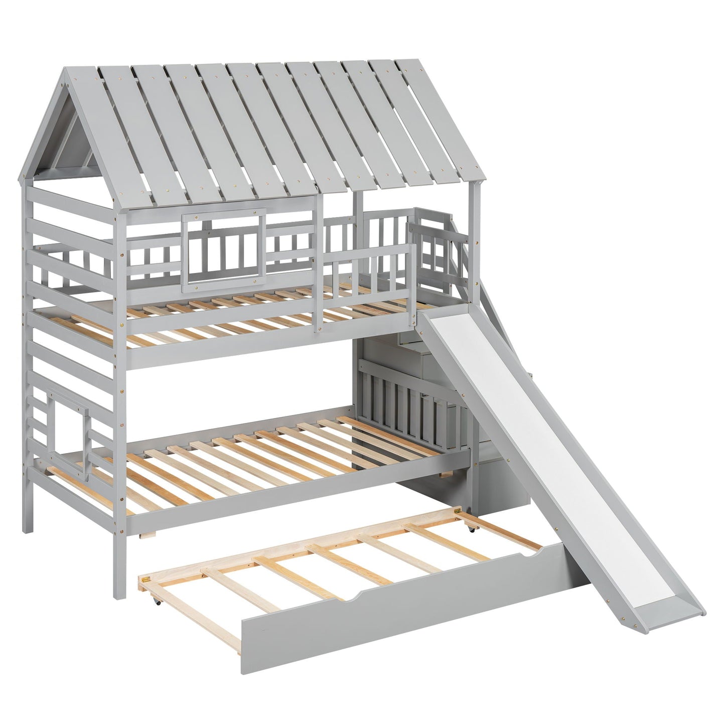 House Bunk Bed With Trundle, Storage Staircase, Roof And Window Design