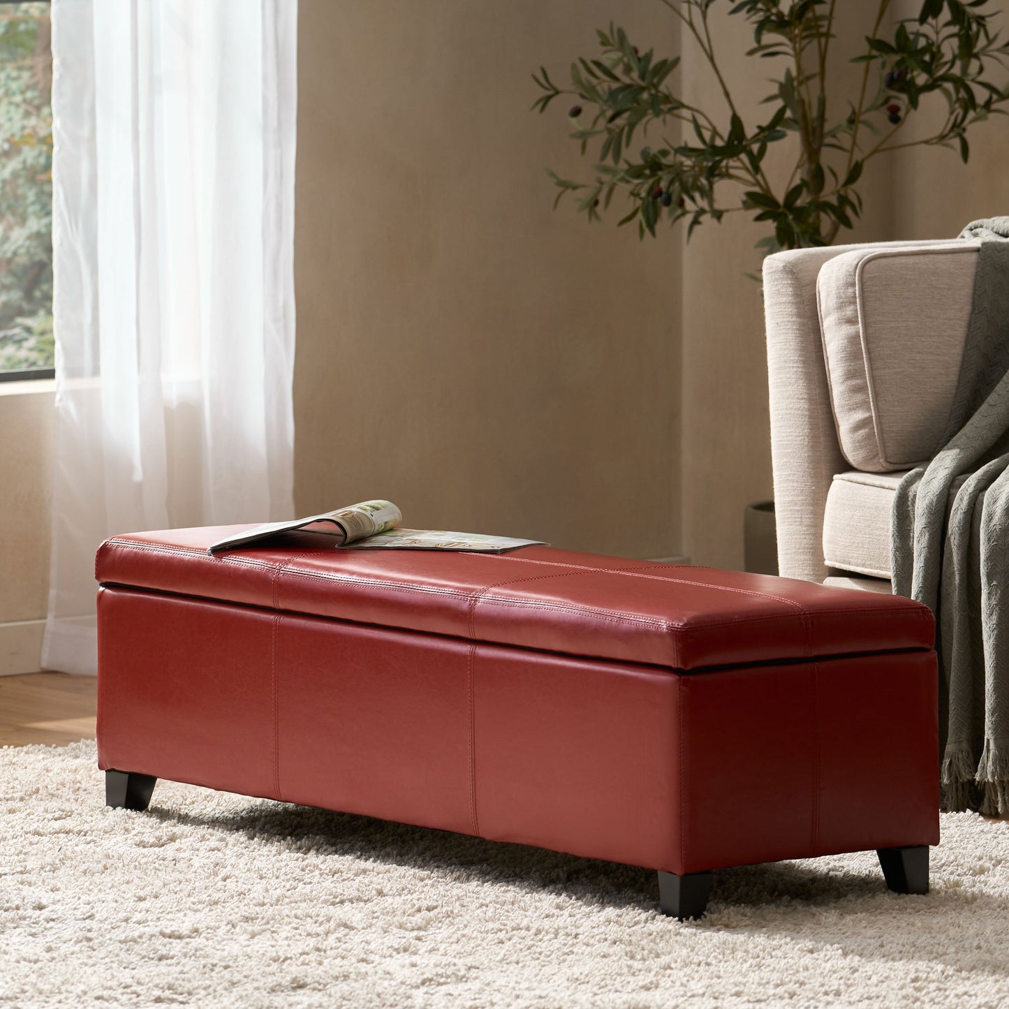 Upholstered PU Leather Storage Ottoman, Solid Wooden Legs