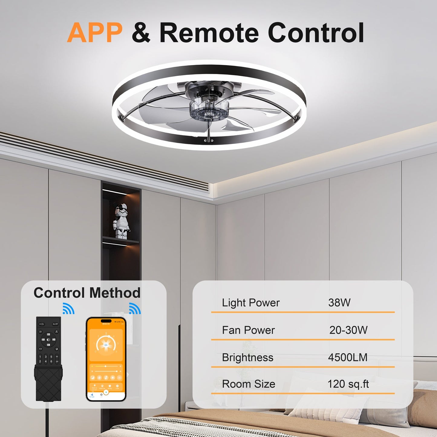 Smart Ceiling Fan with LED Light, 7 Blades Modern Metal Design