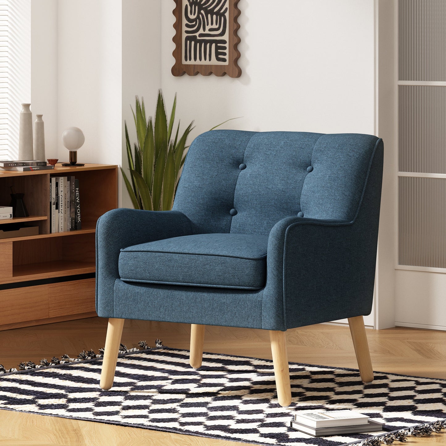Mid-Century Modern Armchair - Tufted Fabric Accent Chair with Solid Wood Legs