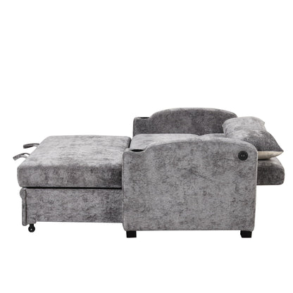 Pull Out Loveseat Sofa With Adjsutable Backrest, 2 Pillows, Cup Holders, USB Ports For Living Room