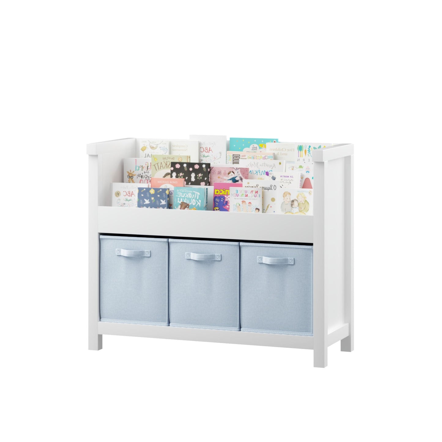 Bookshelf With 3 Tier Front Facing Storage And 3 Bins, Toddler Bookcase For Playroom - White
