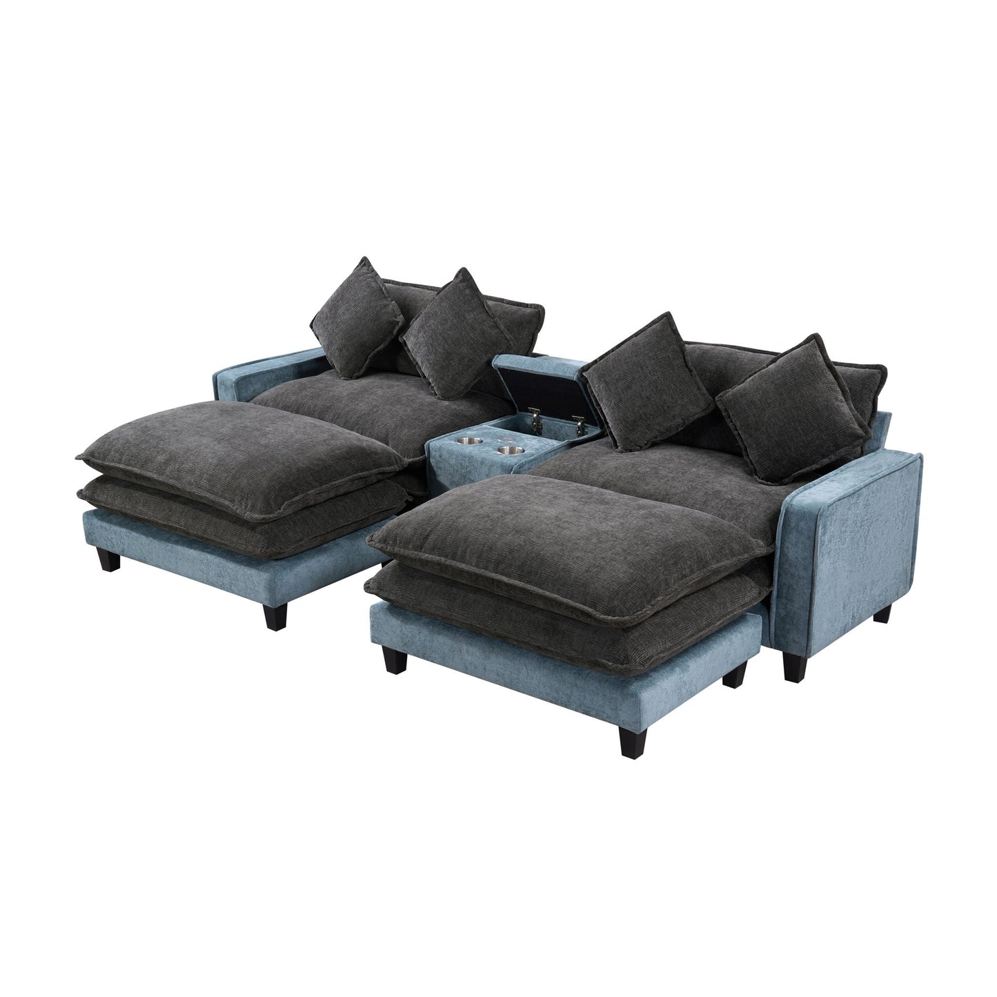 Sectional Sofa With Removable Ottomans, USB Ports, Cup Holders & Storage - Gray / Light Blue